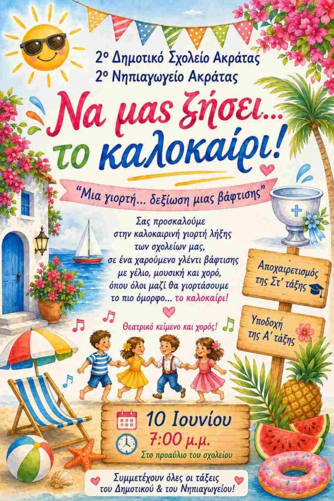 Αφίσα εκδήλωσης από το 2ο Δημοτικό και Νηπιαγωγείο Ακράτας με γιορτή λήξης της σχολικής χρονιάς στις 10 Ιουνίου 2026 και ώρα 19:00 στο προαύλιο του σχολείου.
