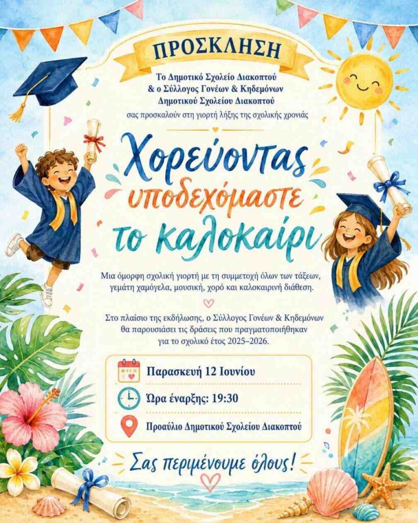 Αφίσα εκδήλωσης από το δημοτικό σχολείο Διακοπτού και τον σύλλογο γονέων του σχολείου με γιορτή λήξης της σχολικής χρονιάς στις 12 Ιουνίου 2026 και ώρα 19:30 στο προαύλιο του σχολείου.