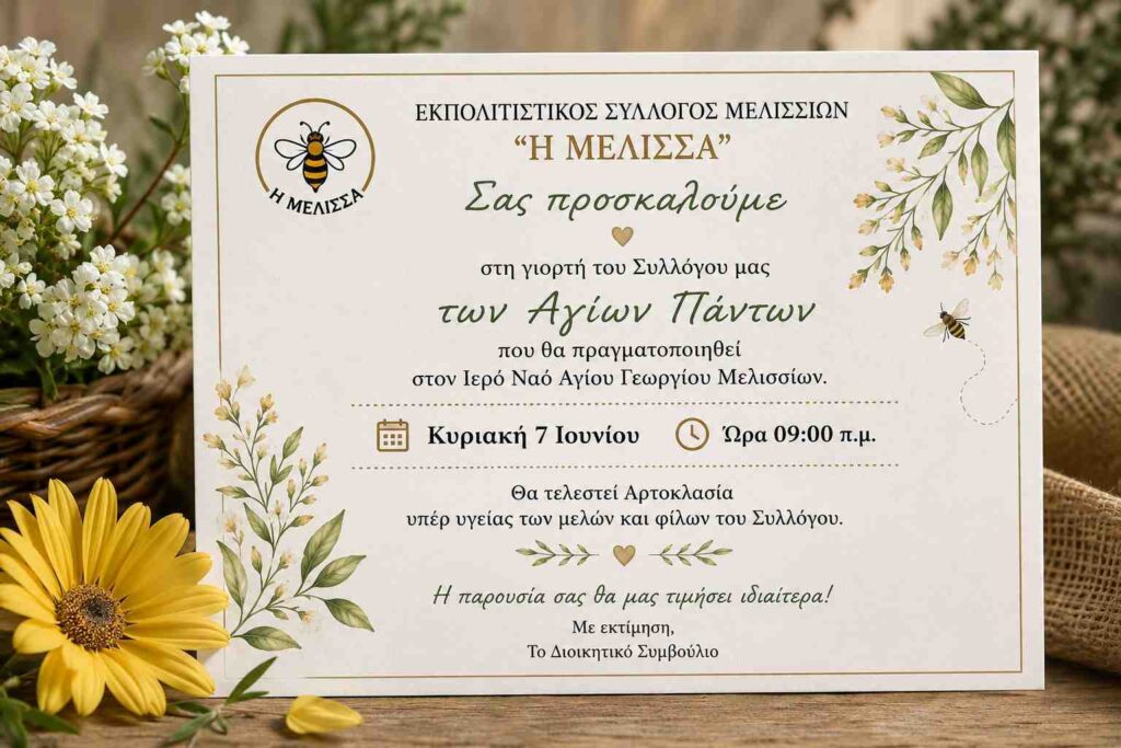 Αφίσα πρόσκλησης από τον Εκπολιτιστικό Σύλλογο Μελισσίων "Η Μέλισσα" στη γιορτή του συλλόγου στις 7 Ιουνίου 2026 και ώρα 9:00 στον Ιερό Ναό Αγίου Γεωργίου Μελισσίων.