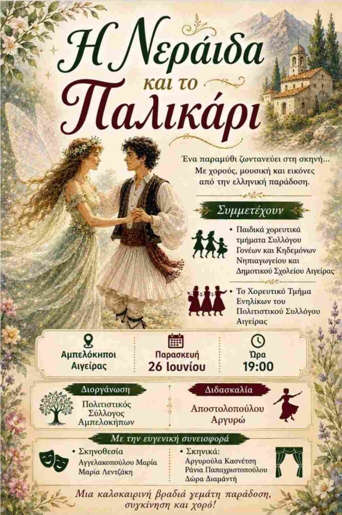 Αφίσα εκδήλωσης από τον Πολιτιστικό Σύλλογο Αμπελοκήπων «Τα Αρφαρά» στις 26 Ιουνίου 2026 και ώρα 19:00 στους Αμπελόκηπους Αιγείρας.