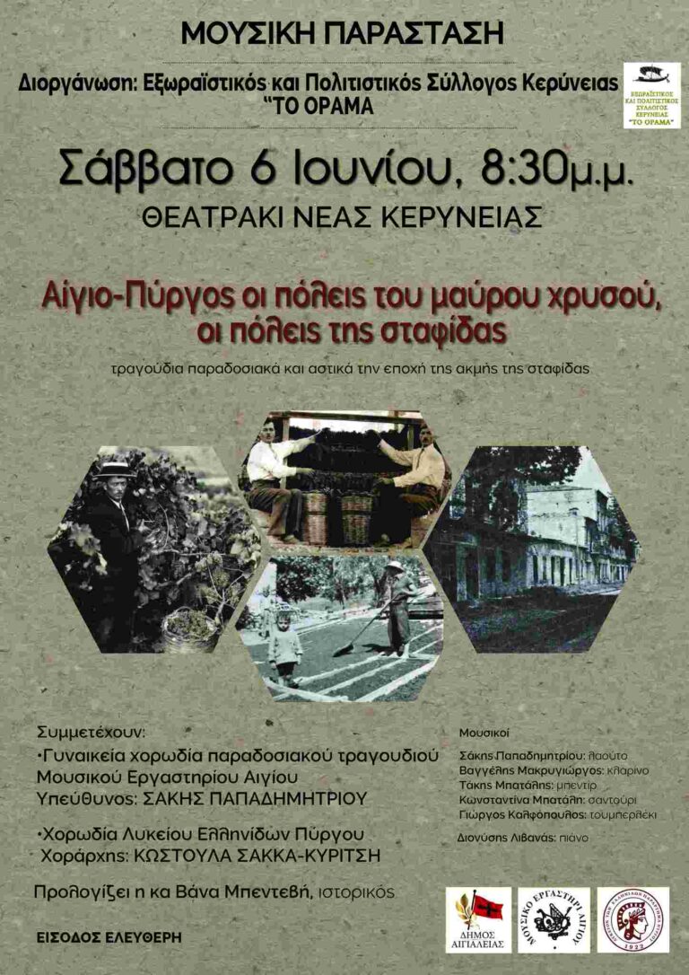 Αφίσα εκδήλωσης από το Σύλλογο Κερύνειας "Το Όραμα" με μουσική βραδιά αφιερωμένη στη σταφίδα στο θεατράκι Κερύνειας στις 6 Ιουνίου 2026 και ώρα 20:30 με ελεύθερη είσοδο.