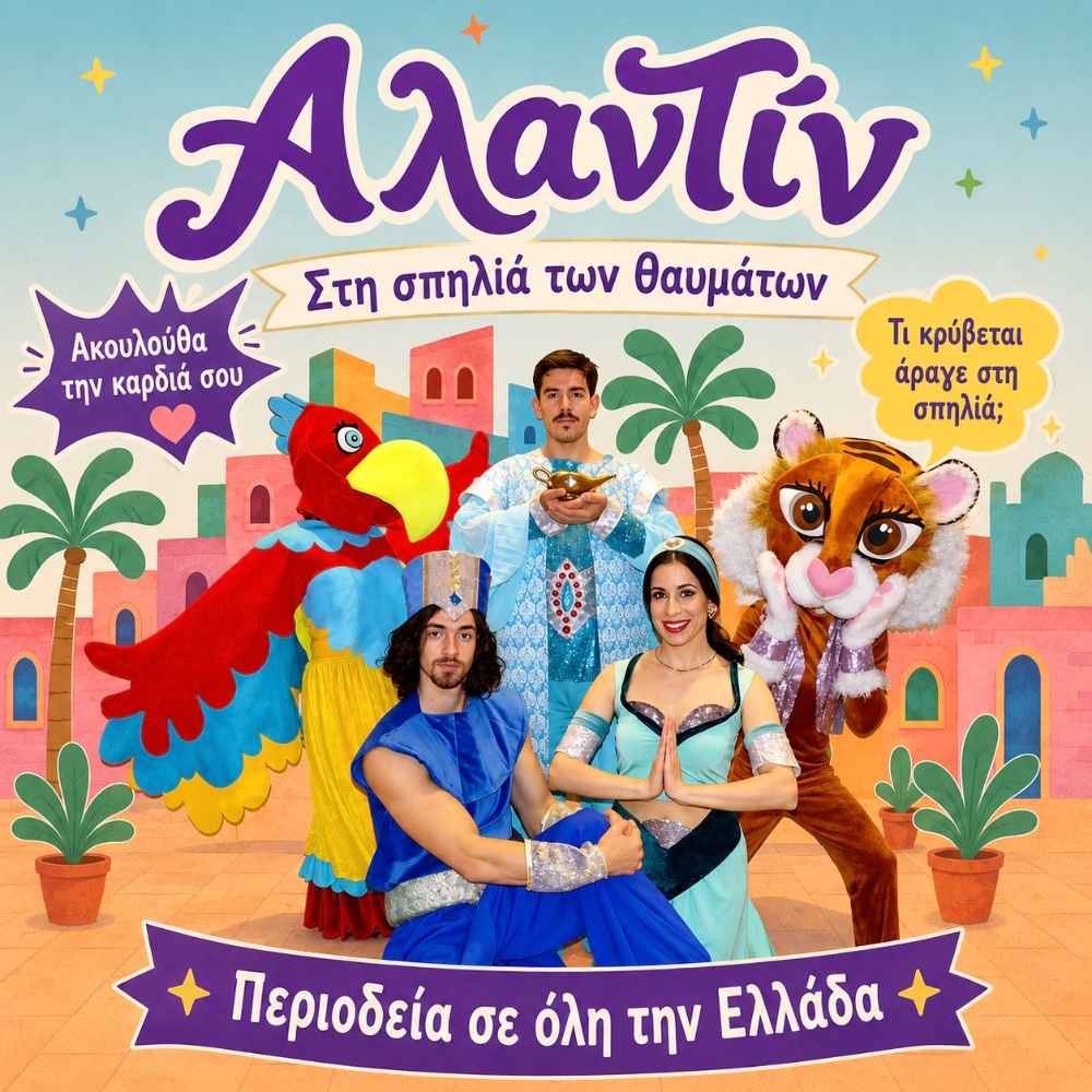 Αφίσα παιδικού θεατρικού με τίτλο "Αλαντίν - Στη Σπηλιά των Θαυμάτων".