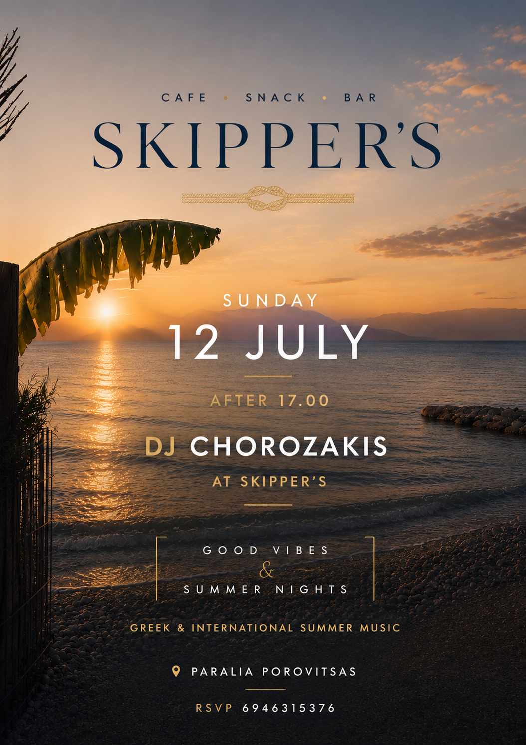 Αφίσα εκδήλωσης στο Skipper's στην Ακράτα στις 12 Ιουλίου 2026 και ώρα 17:00 με τον Dj Vasili Chorozaki.